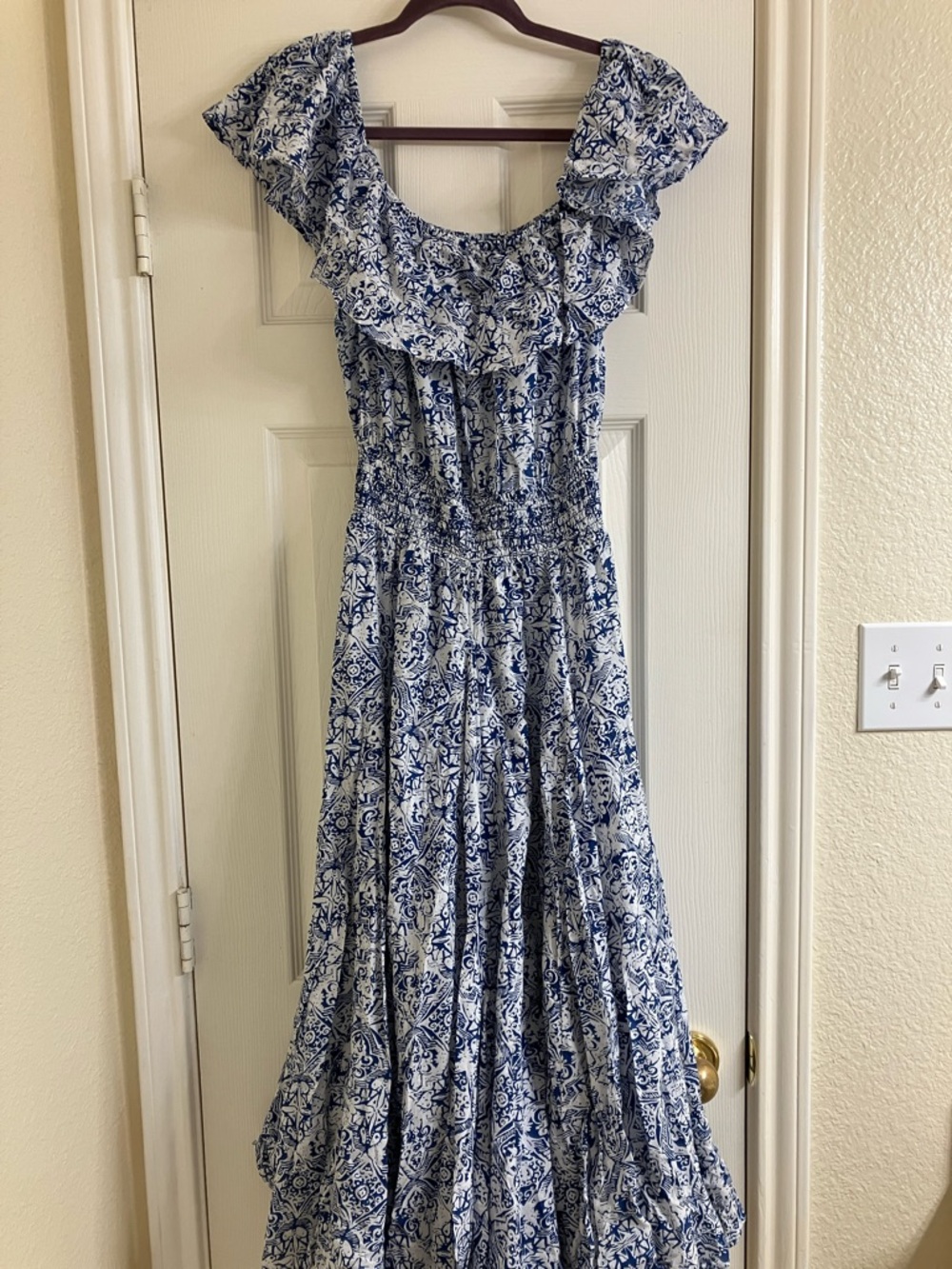 Blue and White Printed Ruffle Maxi Dress - Women